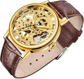 Men's Skeleton Mechanical Roman Numeral Mesh Strap Watch, Hand Winding Mechanical Mesh Luminous Waterproof Watch for Men