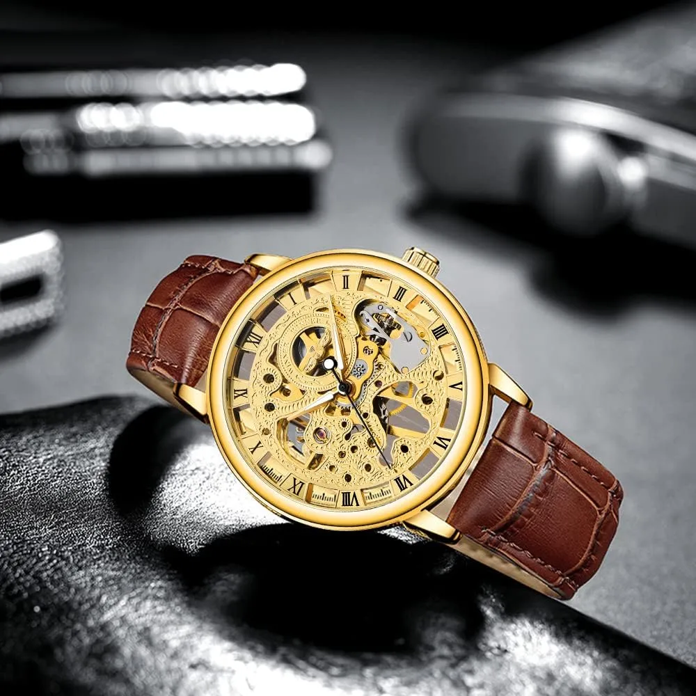 Men's Skeleton Mechanical Roman Numeral Mesh Strap Watch, Hand Winding Mechanical Mesh Luminous Waterproof Watch for Men