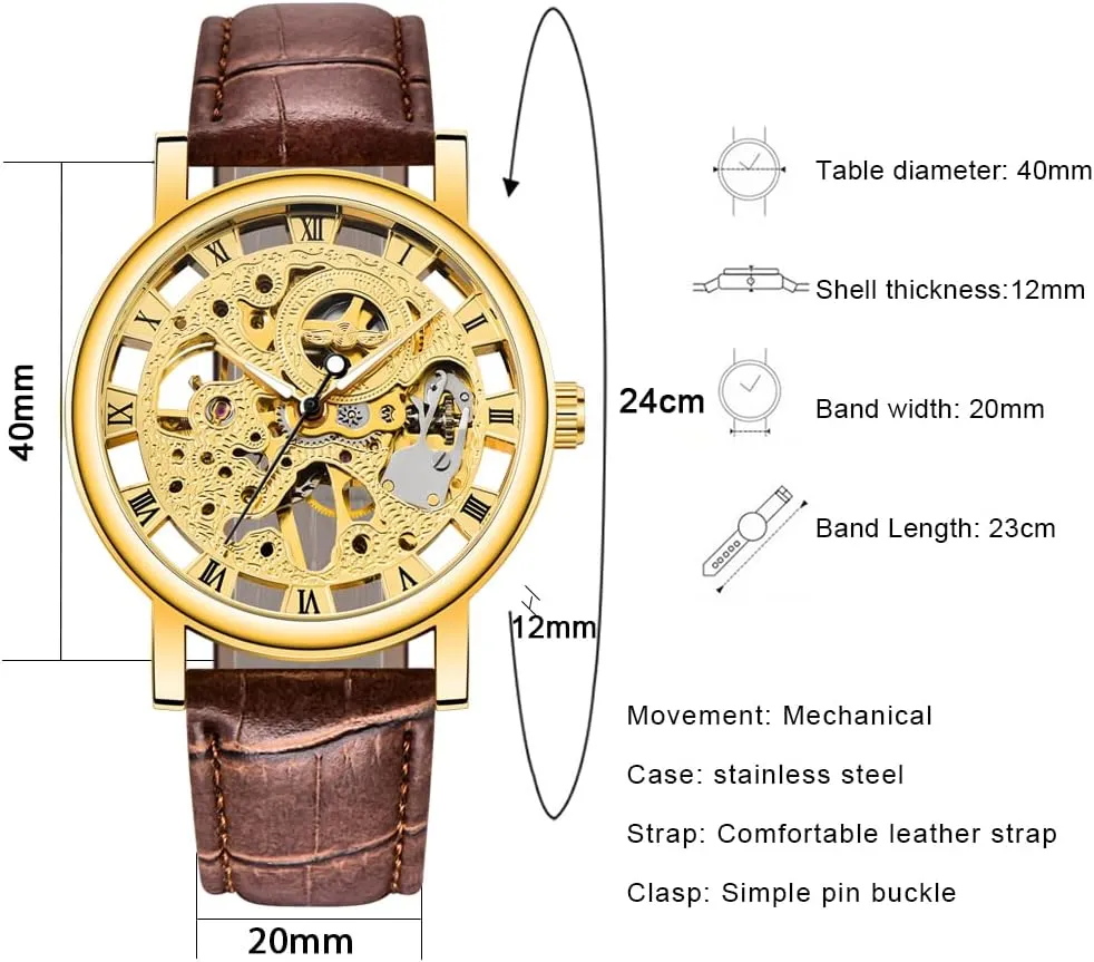 Men's Skeleton Mechanical Roman Numeral Mesh Strap Watch, Hand Winding Mechanical Mesh Luminous Waterproof Watch for Men