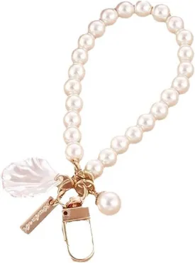 Pearl Wristlet Bag Charm, Cute Heart Shell Pearl Keychain Hanging Purse Charm Car Keyring Holder for Women Girls