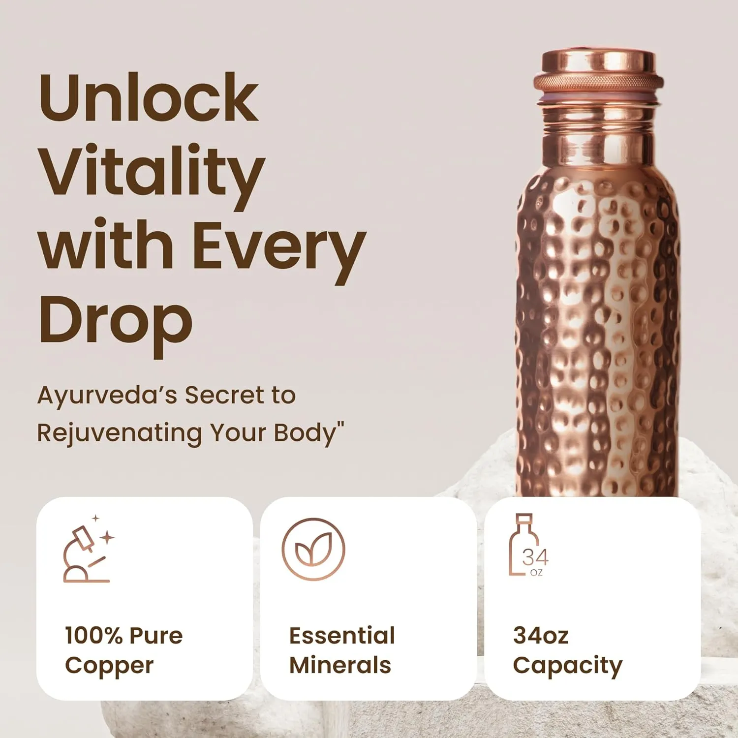 Pure Copper Water Bottle for Drinking Water, 34 Oz Hammered Finish  Stay Hydrated and Enjoy Ayurvedic Benefits  Leak-Proof, Temperature Retention, Eco-Friendly Design  Durable Copper Bottle