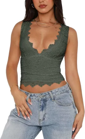 REORIA Womens Sexy V-Neck Sleeveless Double Lined Going Out Y2K Trendy Lace Cropped Tank Tops