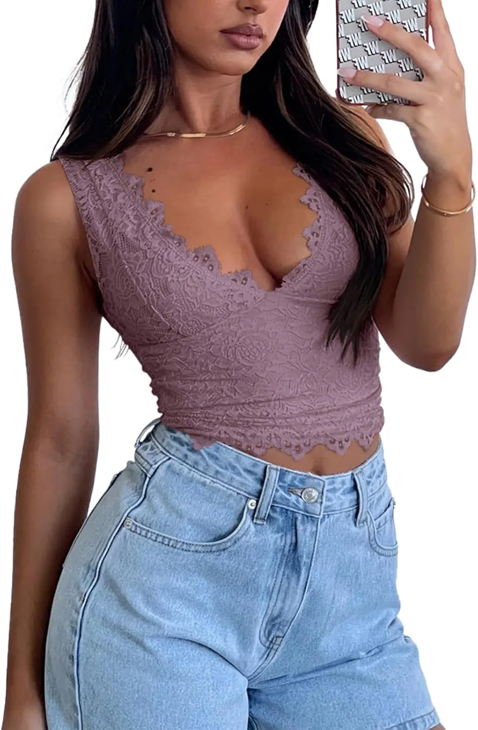 REORIA Womens Sexy V-Neck Sleeveless Double Lined Going Out Y2K Trendy Lace Cropped Tank Tops