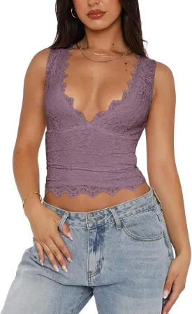 REORIA Womens Sexy V-Neck Sleeveless Double Lined Going Out Y2K Trendy Lace Cropped Tank Tops