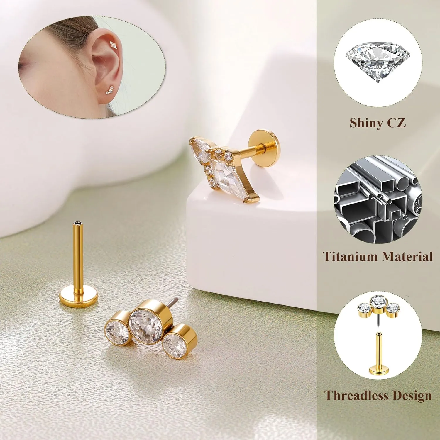 REVOLIA 2Pcs F136 Titanium Threadless Cartilage Earrings Studs CZ Push in Earrings for Helix Tragus Conch Lobe Piercing Jewelry Set 16G/18G