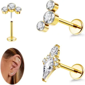 REVOLIA 2Pcs F136 Titanium Threadless Cartilage Earrings Studs CZ Push in Earrings for Helix Tragus Conch Lobe Piercing Jewelry Set 16G/18G