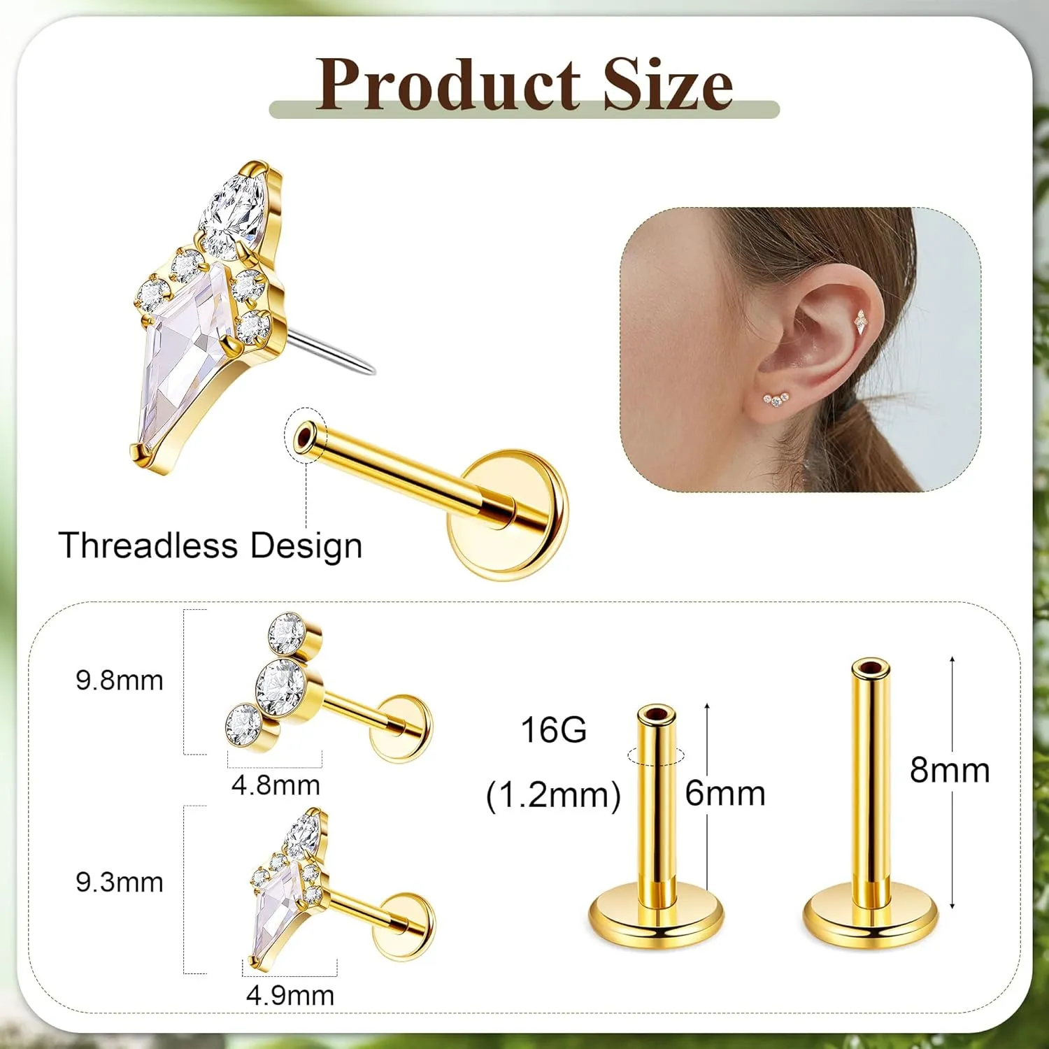 REVOLIA 2Pcs F136 Titanium Threadless Cartilage Earrings Studs CZ Push in Earrings for Helix Tragus Conch Lobe Piercing Jewelry Set 16G/18G