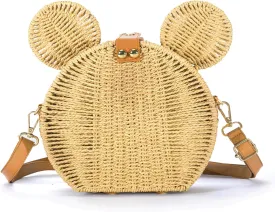 Round Rattan Straw Bag Purse for Women Handmade Cute Mouse Ear Wicker Woven Purse Crossbody Shoulder Bag Handbag