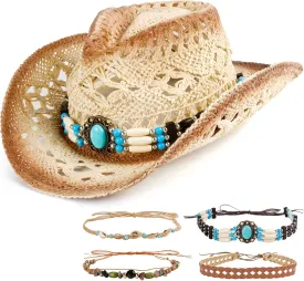 Straw Cowboy Hat for Women Men, Cowgirl Beach Hat Western Cowboy Hat Beige