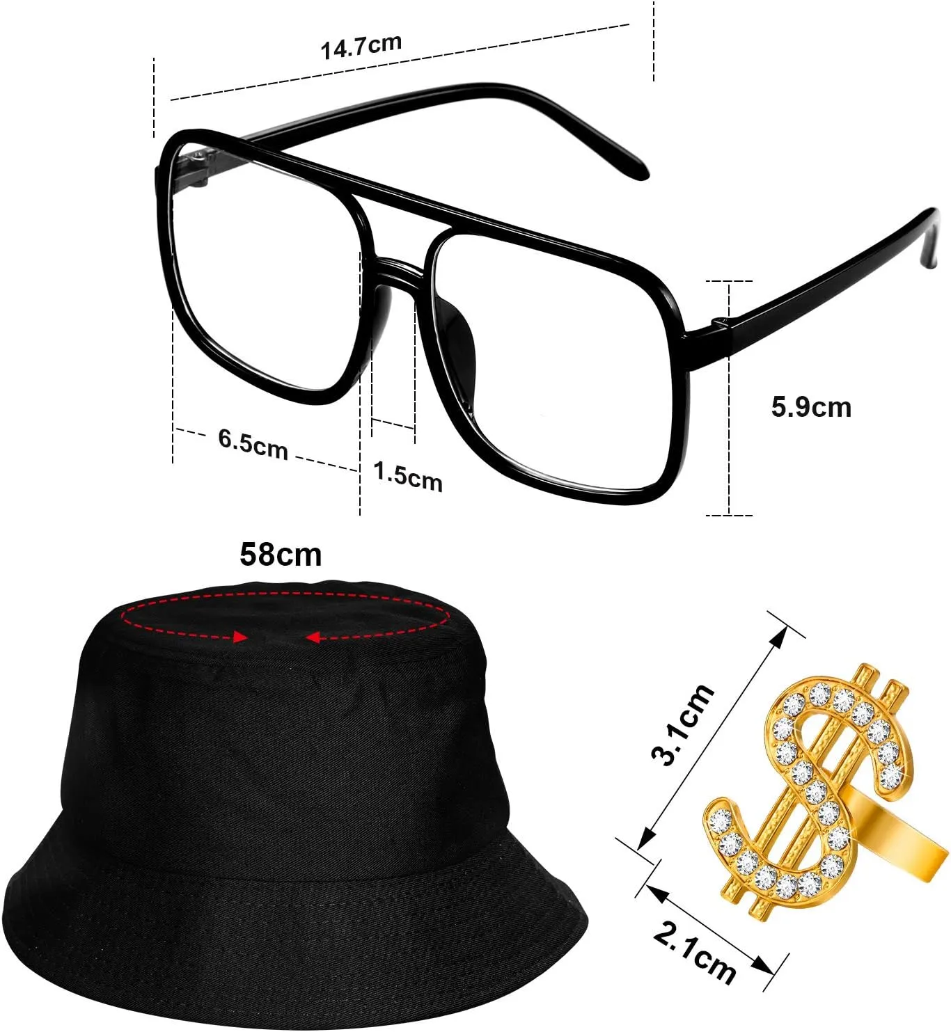 Sumind 6 Pcs 80s 90s Hip Hop Costume Outfit Kit Inflatable Radio Boombox Necklace Ring Sunglasses Hat Rapper Accessories