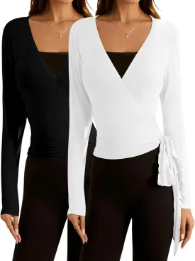 SweatyRocks Women's 2 Pack Long Sleeve Ballet Pilates Yoga Wrap Shirts Tie Front Workout Tops