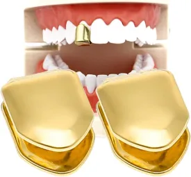 TCOTBE 2 Pieces 14K Plated Gold Grillz Mouth Teeth, Hip Hop Teeth Plain, Top Tooth Single Grill Cap for Teeth Mouth, Party Accessories Teeth Grills (Color : Gold)