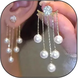 Trendy Boho Pearl Dangle Earrings Rhinestone Tassel Chandelier Earrings Hypoallergenic Front Back Earrings Jewelry Accessory Presents for Wedding Prom