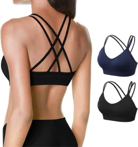 VEQKING Women's Cross Back Sports Bra Padded Strappy Medium Support Yoga Bra for Workout Fitness 3 Pack