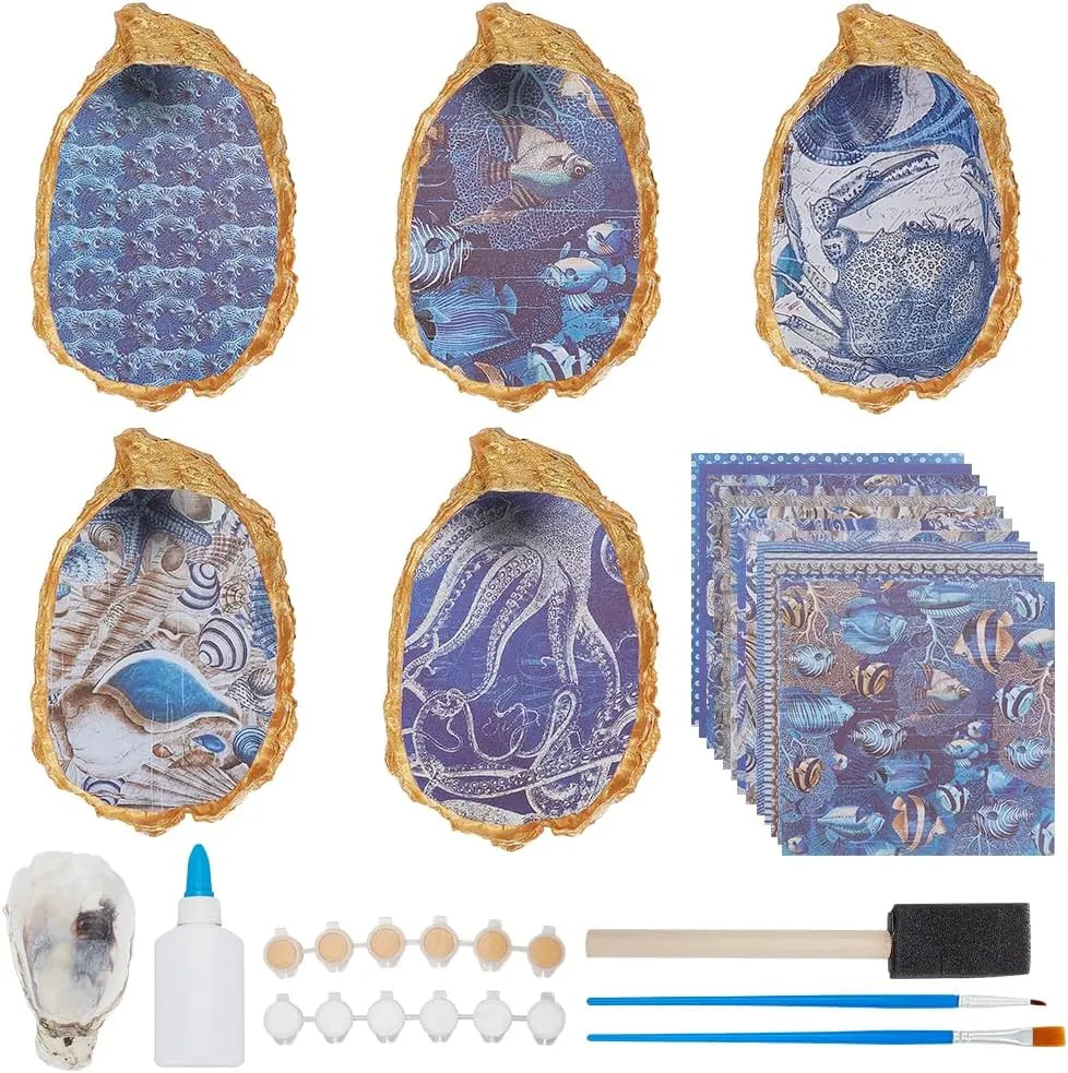 WEBEEDY DIY 5 Sets Oyster Shell Ring Dish Jewelry Tray Ocean Style Ring Display Holder Small Trinket Dish Jewelry Organizer Craft Kit for Bridal Shower Favors Beach Themed Wedding Gift