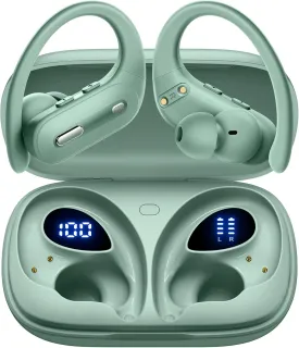 Wireless Earbuds Bluetooth 5.3 Headphones 90 Hrs Playtime Earbuds with Wireless Charging Case Power Display Over-Ear Earphones with Earhooks Waterproof Stereo Headset for Android (Mint Green)