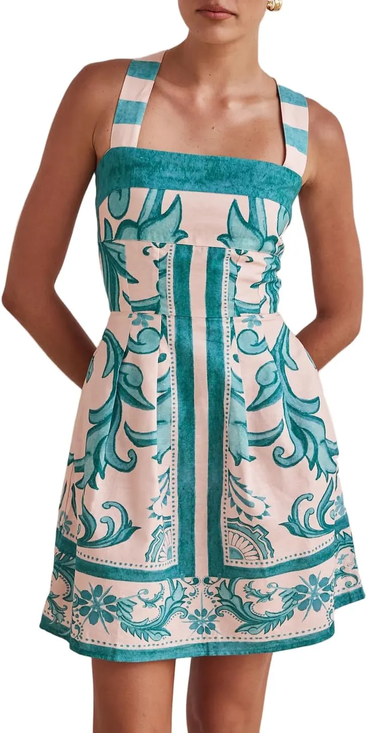 Women Boho Graphic Mini Dress Y2k Floral Spaghetti Strap Backless Short Dresses Flowy Seashell Sleeveless Beach Dress