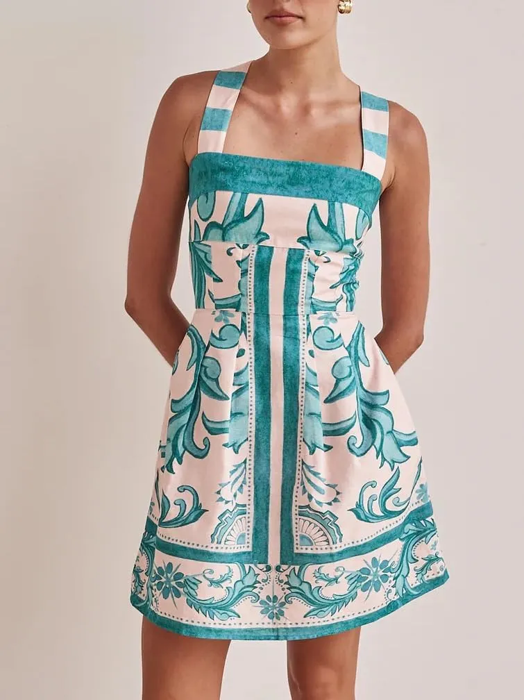 Women Boho Graphic Mini Dress Y2k Floral Spaghetti Strap Backless Short Dresses Flowy Seashell Sleeveless Beach Dress