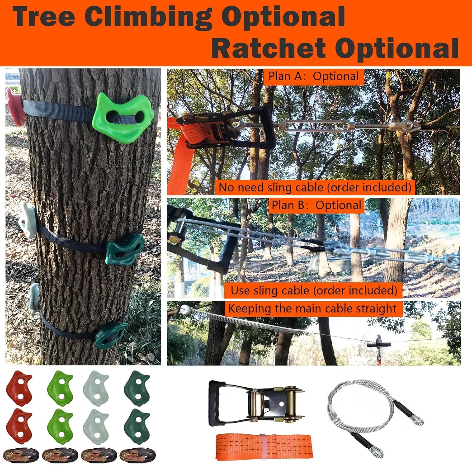 Zipline Kits for Backyard, 110FT Zip Line Kit for Kids and Adults Up to 350Lbs, Outdoor Playground Equipment (110FT Ratchet, Tree Climbing)
