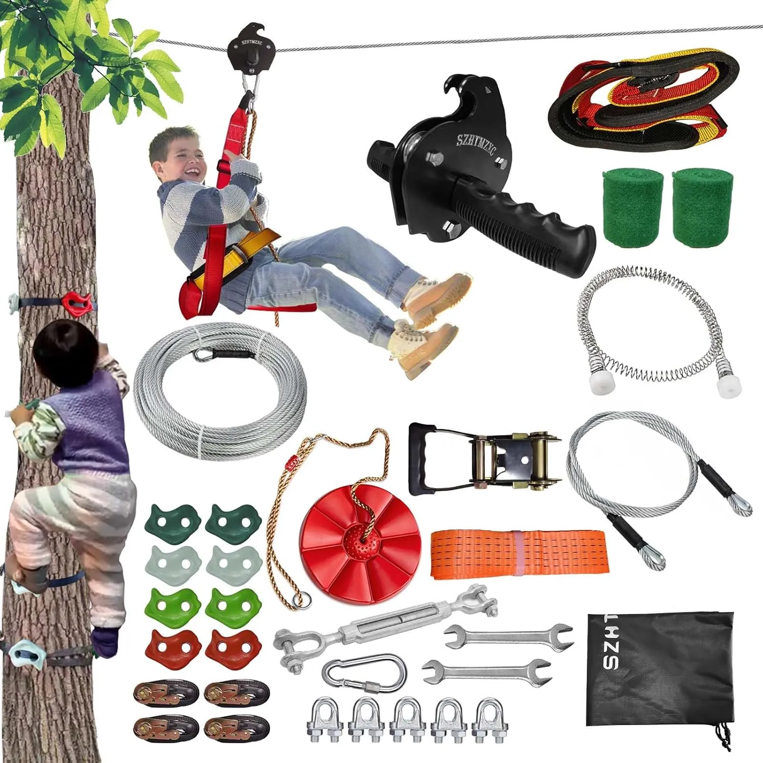 Zipline Kits for Backyard, 110FT Zip Line Kit for Kids and Adults Up to 350Lbs, Outdoor Playground Equipment (110FT Ratchet, Tree Climbing)